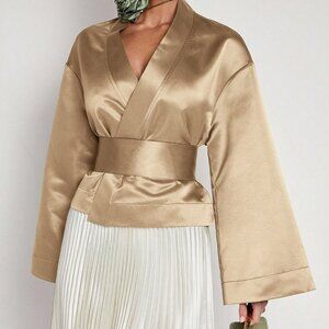 Khaki Elegant Women's V-Neck Oversized Sleeve Cuff Golden Blouse